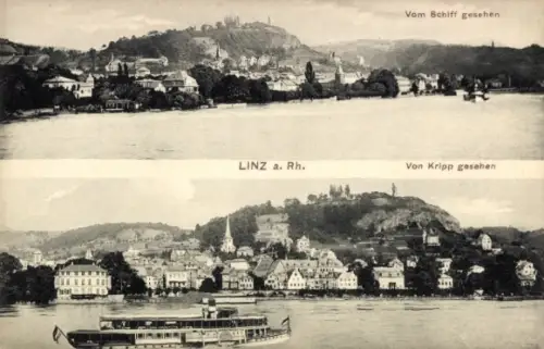 Ak Linz an der Donau Oberösterreich, Landschaftsaufnahme von  Schiff im Vordergrund, zwei Perspek