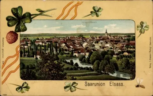 Ak Sarre Union Saarunion Elsass Bas Rhin, Gesamtansicht von  Elsass, Fluss, Bäume, Häuser