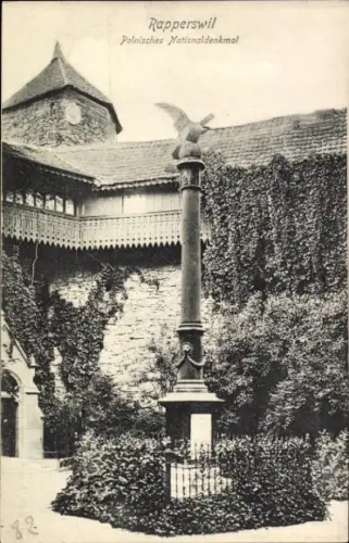Ak Rapperswil Kanton Sankt Gallen,  Polnisches Nationaldenkmal, Säule mit Adler, umgeben von Pfla