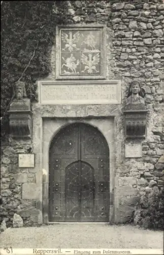 Ak Rapperswil Kanton Sankt Gallen, Eingang zum Polenmuseum,  Nationalmuseum, polnische Symbole