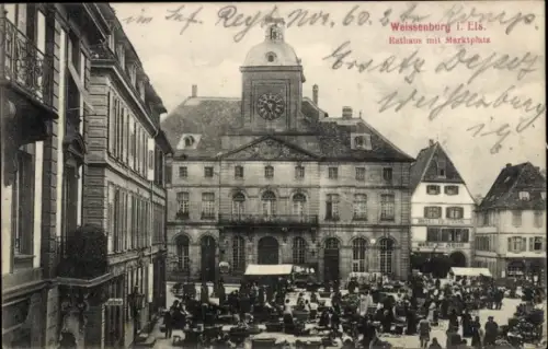 Ak Wissembourg Weißenburg Elsass Bas Rhin, Rathaus mit Marktplatz
