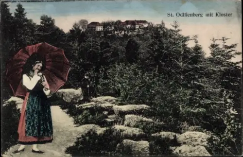 Ak Obernai Elsass Bas Rhin, Odilienberg mit Kloster, Frau in Tracht