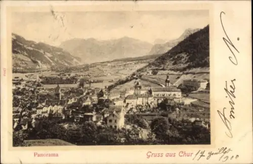 Ak Chur Kanton Graubünden, Panorama von  Gebirge im Hintergrund,  mit handschriftlichem Text