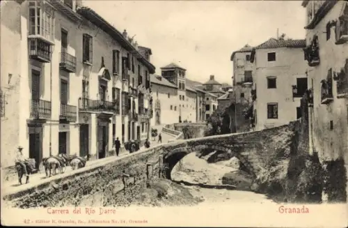 Ak Granada Andalusien Spanien, Carrera del Rio Darro,  Fluss, Brücke, Gebäude, Pferde