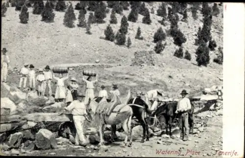 Ak Tenerife Teneriffa Kanarische Inseln Spanien, Wasserstelle, Menschen mit Eseln, Berge, Landsch