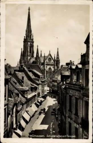 Ak Mulhouse Mülhausen Elsass Haut Rhin,  Schulstraße, Tempel,  Gebäude, Straßenansicht