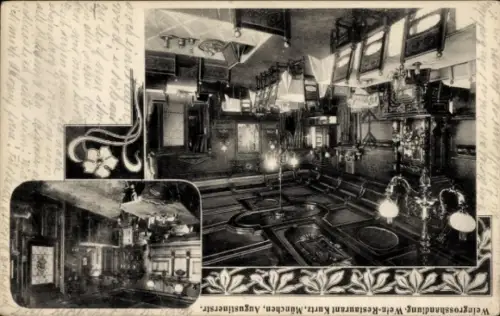 Ak München, Hofbräuhaus, Wein-Restaurant Kurtz,  Innenansicht, Tische, Lampen, Dekoration