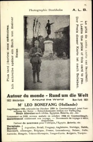 Ak Stockholm Schweden, Denkmal, Rund um die Welt, Leon Boonvang