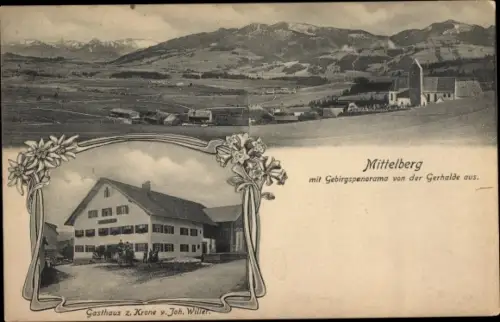 Ak Oy Mittelberg im Allgäu, Gebirgspanorama von der Gerhalde aus, Gasthaus zur Krone