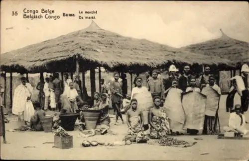 Ak Boma Congo Belge DR Kongo Zaire, Markt in  Menschen, Waren, traditionelle Kleidung, Hütten