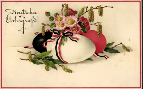 Ak Glückwunsch Ostern, Ostereier, Schleifen, Blumen