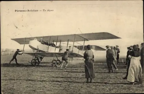 Ak Péronne Somme, Aviation, Flugzeug beim Start
