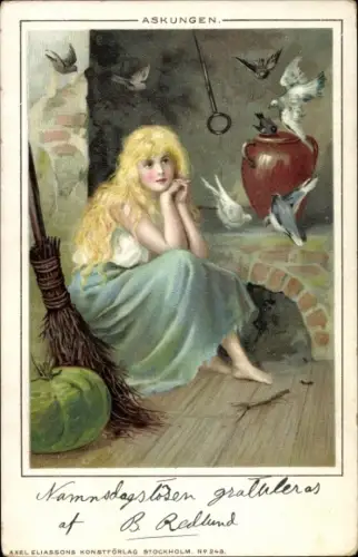 Litho Märchen Aschenbrödel, Aschenputtel vor dem Herd, Tauben