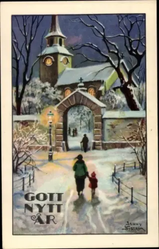 Künstler Ak Nyström, J., Glückwunsch Neujahr, Menschen auf dem Weg zur Kirche