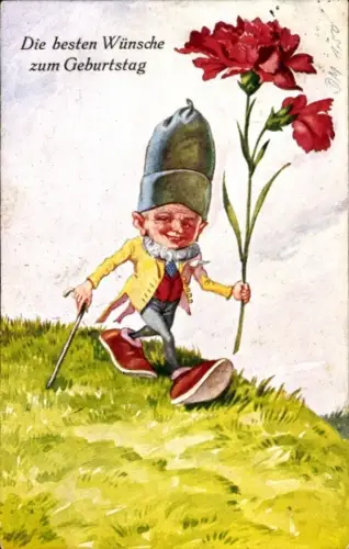 Ak Glückwunsch Geburtstag, Zwerg mit einer roten Nelke
