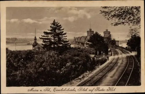 Ak Mainz am Rhein, Eisenbahnbrücke und Ruderklub