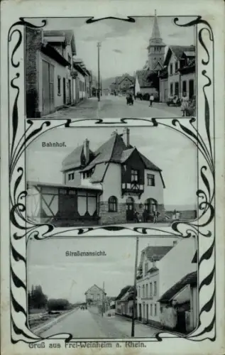 Ak Frei Weinheim Ingelheim am Rhein, Straßenpartie, Kirchturm, Bahnhof