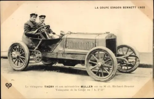 Ak Der Gordon Bennett Cup 1905, der Sieger Thery und sein Mechaniker Muller