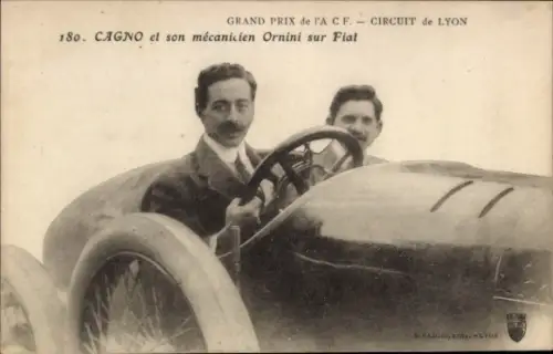CPA Grand Prix, Circuit de Lyon, Cagno et son mecanicien Ornini sur Fiat