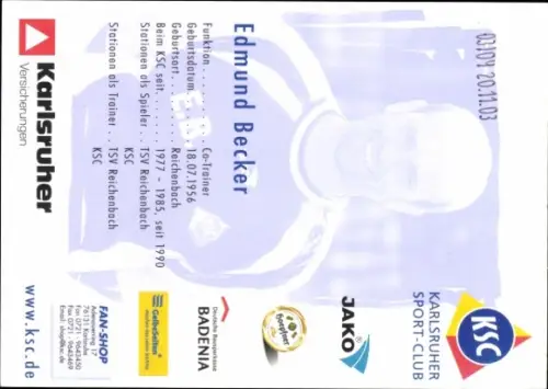Autogrammkarte Co Trainer Edmund Becker, Karlsruher SC, Autogramm