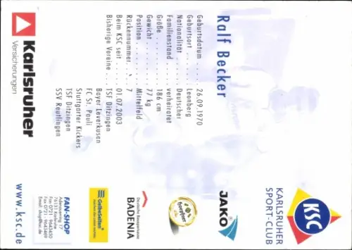 Autogrammkarte Fußballer Ralf Becker, Karlsruher SC, Autogramm