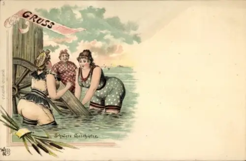 Litho Frauen im Wasser, Schwere Geschütze, Bademode