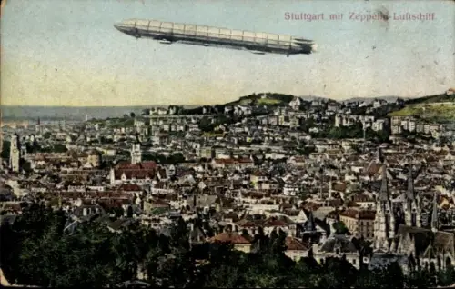 Ak Stuttgart in Württemberg, Gesamtansicht, Zeppelin