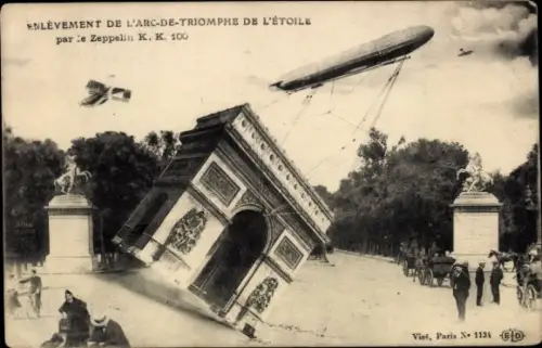 Ak Paris VIII, Triumphbogen, Arc de Triomphe, durch Zeppelin hochgehoben, Fotomontage
