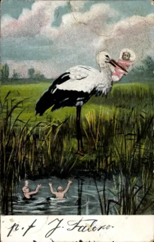 Ak Storch mit Kind im Schnabel, Kinder im Teich