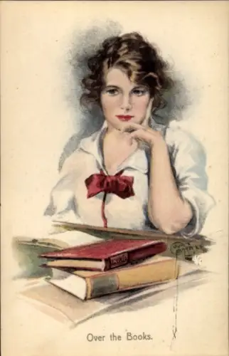 Künstler Ak Über den Büchern, Frauenbildnis