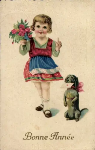 Ak Glückwunsch Neujahr, Mädchen mit Dackel