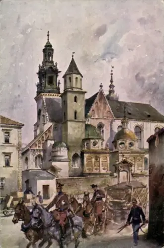 Künstler Ak Kossak, W., Kraków Krakau Polen, Wawel, Österreichische Truppen verlassen das Schloss