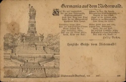 Litho Rüdesheim am Rhein, Niederwald Nationaldenkmal, Germania, Gedicht von Felix Dahn