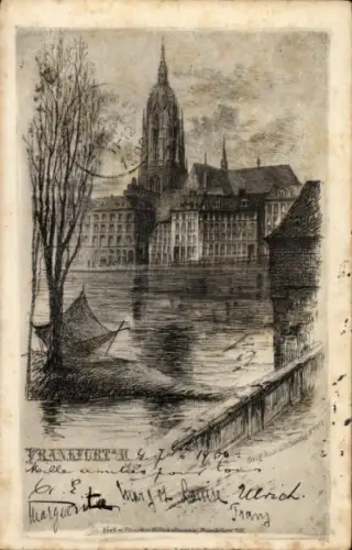 Künstler Ak Frankfurt am Main, Mainpartie, Kirche