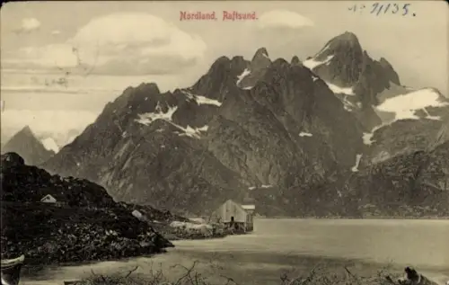 Ak Raftsund Norwegen, Berglandschaft, Wasser, Gebäude, Nordland, Raftsund