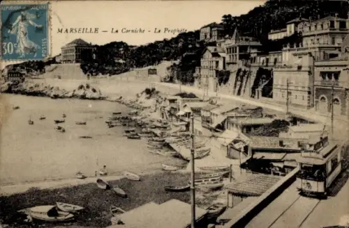 Ak Marseille Bouches du Rhône,  La Corniche, Le Prophète, Boote, Straßenbahn