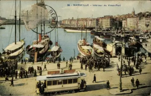 Ak Marseille Bouches du Rhône, Hafenansicht, Boote, Menschenmenge, Straßenbahn, Marseille