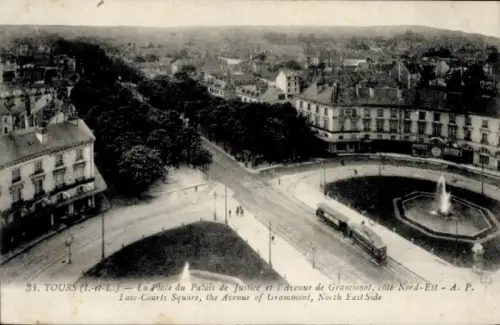 Ak Tours Indre et Loire, Vorderansicht von  Platz des Justizpalastes, Avenue de Grammont, Straßen