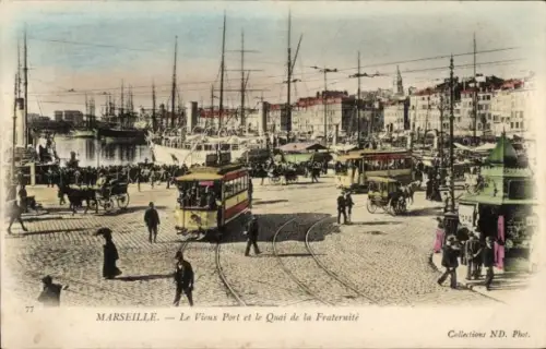 Ak Marseille Bouches du Rhône,  alter Hafen, Quai de la Fraternité, Straßenbahnen, Schiffe