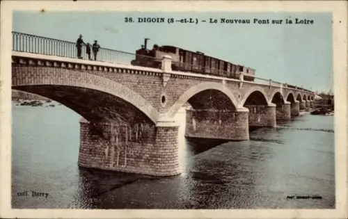 Ak Digoin Saône et Loire, Brücke über die Loire, Dampflok, Wasser, Menschen auf der Brücke