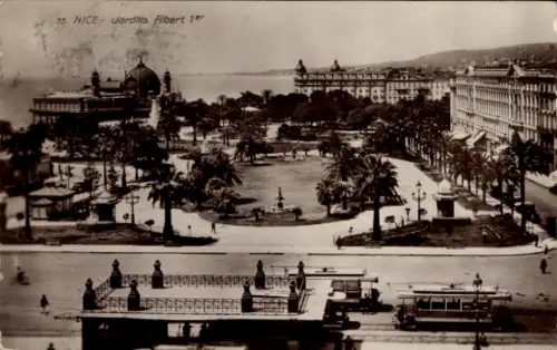 Ak Nice Nizza Alpes Maritimes,  von  Jardins Albert 1er, Palmen, Straßenbahn
