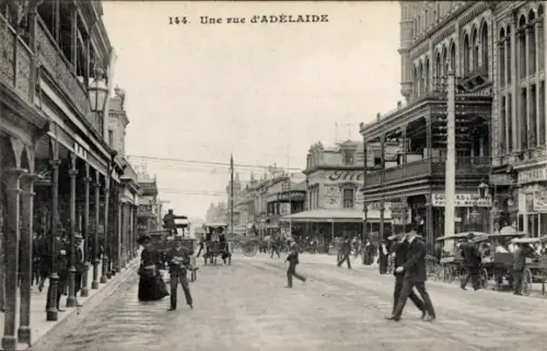 Ak Adelaide South Australia, Straße in  Pferdekutschen, Menschen, Geschäfte,  Szenerie