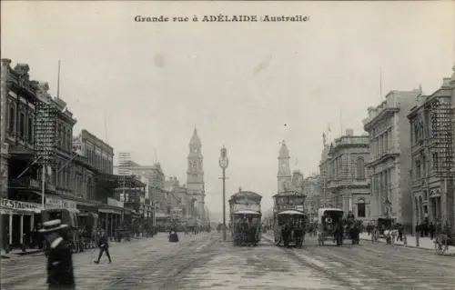 Ak Adelaide South Australia, Straße in  Pferdebahnen,  Gebäude, Menschen auf der Straße