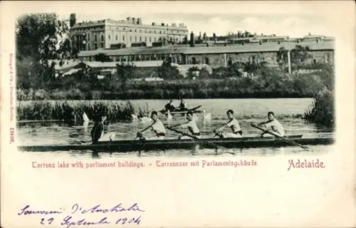 Ak Adelaide South Australia, Ruderboot, Torrenssee, Parlamentsgebäude, Adelaide