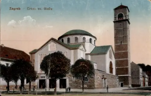 Ak Zagreb Kroatien,  Crkva sv. Blaža, Kirche, Turm, Bäume