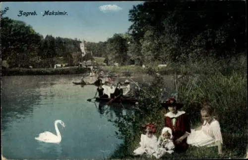 Ak Maksimir Zagreb Kroatien,  Maksimir, Schwäne, Boote, Familien, Kinder
