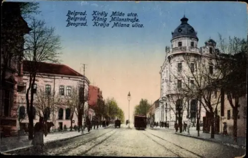 Ak Beograd Belgrad Serbien,  König Milanstraße, Straßenansicht,  Gebäude, Straßenbahn