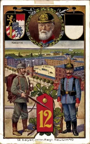 Regiment Wappen Ak Neu-Ulm in Schwaben, 12. bayer. Infanterie Regiment, Kaserne, Ludwig III