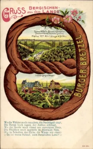 Passepartout Litho Burg an der Wupper Solingen, Schloss Burg, Kaiser Wilhelm Brücke Müngsten, Brezel