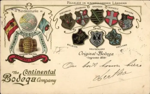 Präge Wappen Litho The Continental Bodega Company, Reklame, Österreich, Schweiz, Sachsen